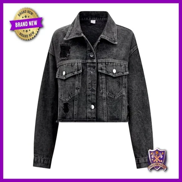 Cropped Denim Jacket Distressed Ripped Frayed Button Down Y2K Retro Chic - Picture 5 of 7